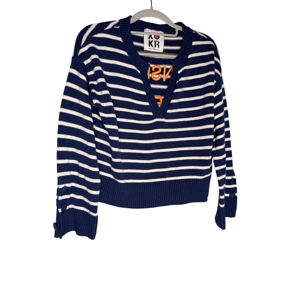 XOKR Kerri Rosenthal striped v neck embroidered font graphic sweater pullover